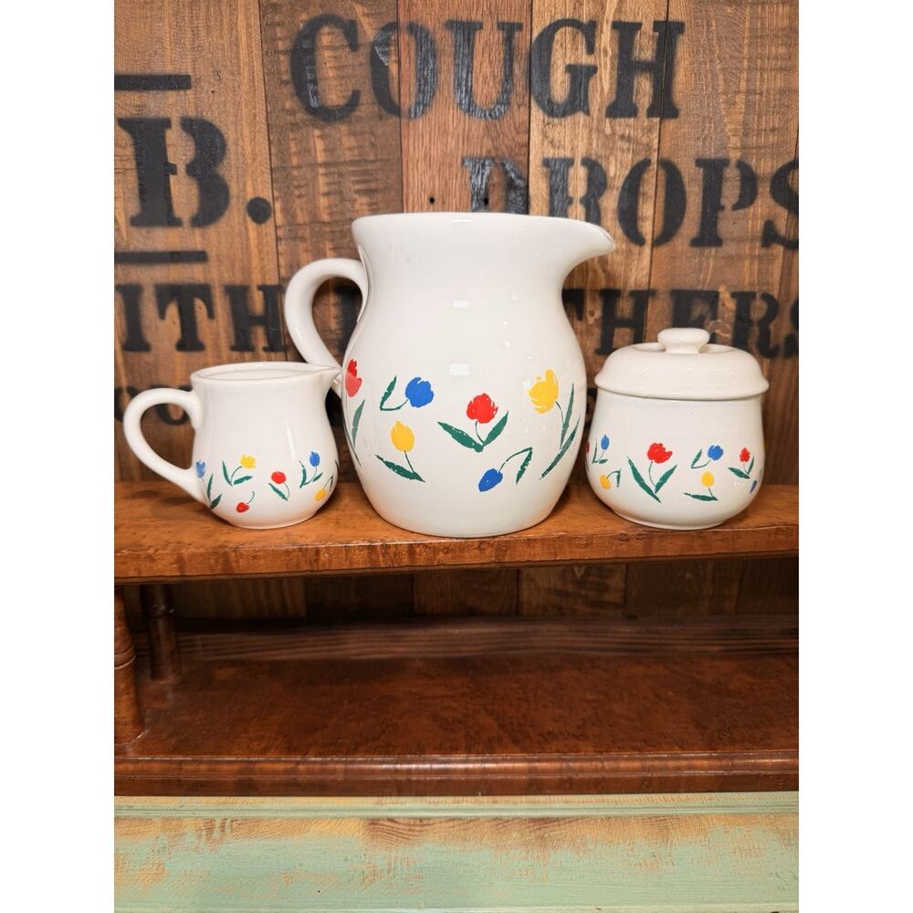 Vintage 1985 Tulip Tyme Collection MCM Pitcher, Sugar With Lid And Creamer